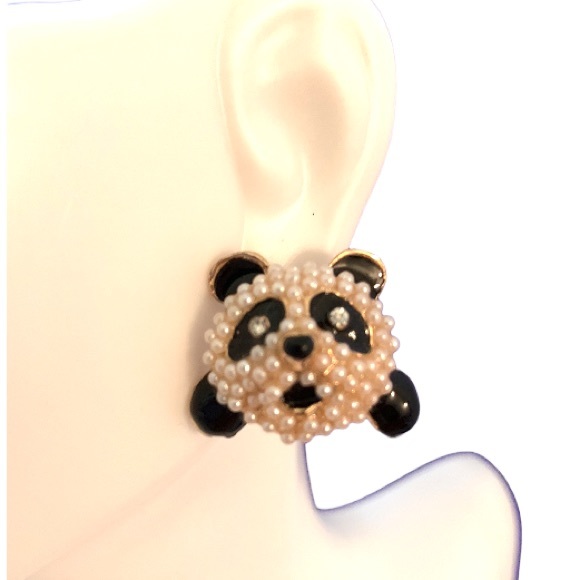 Panda Pierced Earrings Pearl and Enamel - Picture 1 of 8